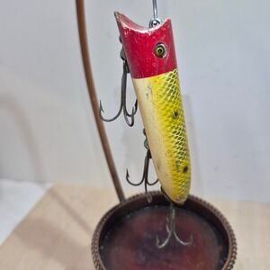 Vintage Heddon Lucky 13 Fishing Lure Red Head Yellow Scale Wood Glass Eye 3.75in